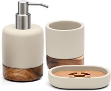 Bathroom Accessories Set 3 Piece Bath Ensemble Includes Gray and Natural Wood