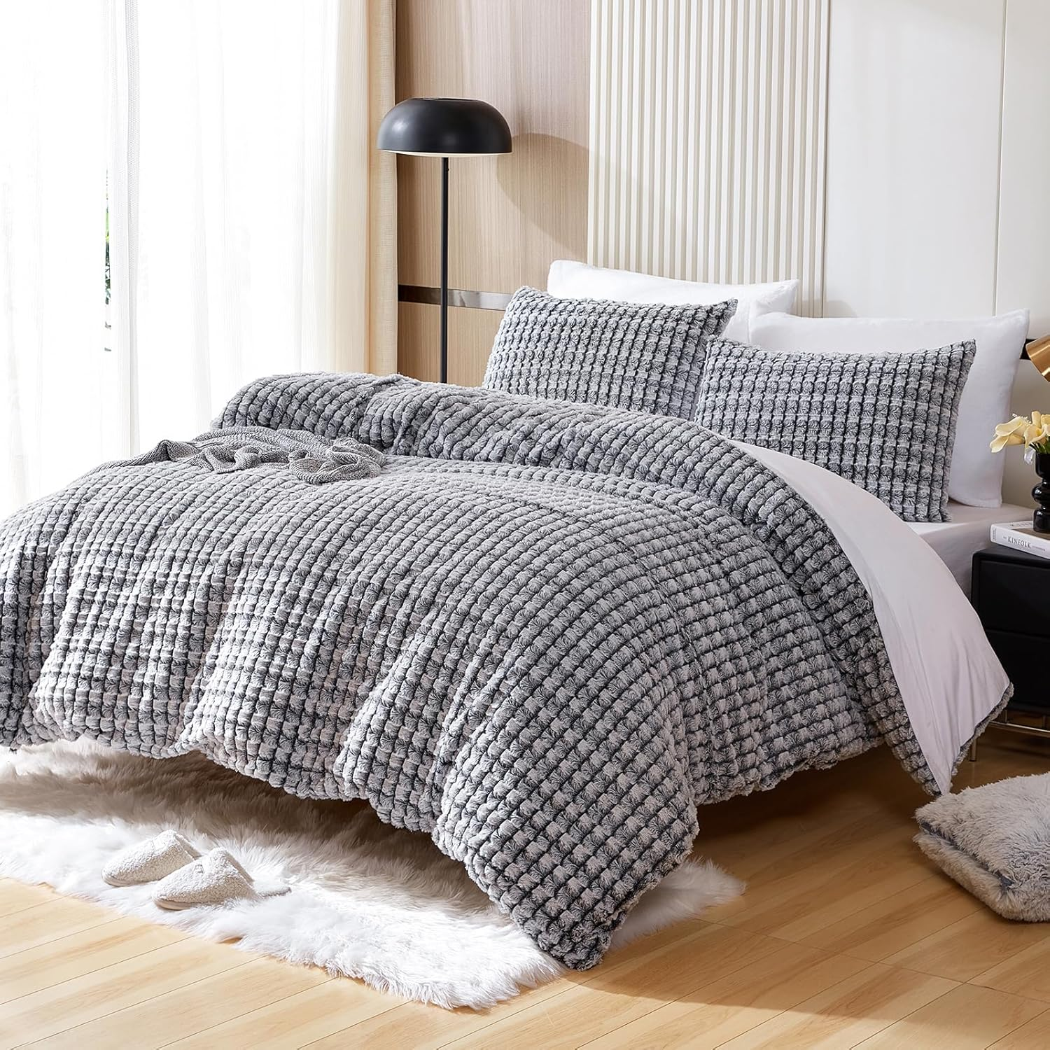 Fluffy Duvet Cover Set - Ultra Soft Plush Faux Fur Comforter Cover Queen Size -