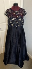 Xscape Navy Blue & Gold 3D Floral Appliqué  Satin Ballgown Sz 16  Elegant