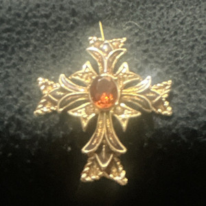 Authentic Monet Yellow Gold Plated Cross Pendant Oval Orange Garnet Religious