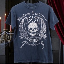 Y2K Vintage “Destroy Tradition” Grey Skull Rocker Grunge Tee Men’s S