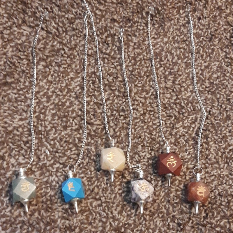 Set of 5 Hexagon Crystal Healing Pendulums w/ Chains, Chakra Symbols, Mixed