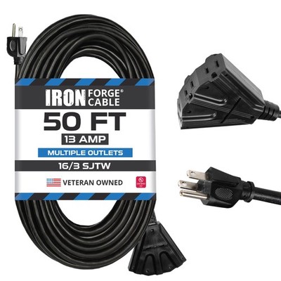 50 Ft Outdoor Black Extension Cord 3 Electrical Power Outlets Durable Black