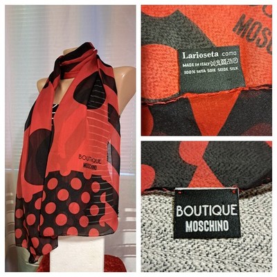 Boutique Moschino 100% Silk Scarf Larioseta Como Red Black Ladybug Polka Dot 