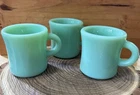 3 Vintage FIRE KING Jadeite Green Heavy C Handle Mug Restaurant Ware Cups “MINT”