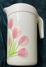 Tupperware 1 Gallon Drink Pitcher W/ Lid Pink Green Tulips Floral Design Vintage