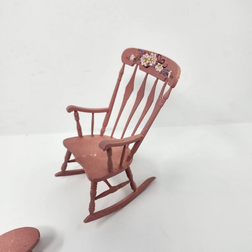 Vintage Dollhouse Miniature Pink Rocking Chair Hand Painted With Stool - Picture 11 of 20