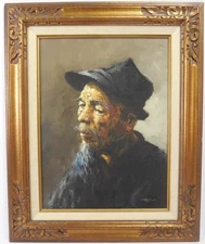 Detailed Portrait Painting of Asian Man in Hat Signed Manson
