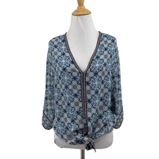 Max Studio Blouse Womens M Medium Multi Tie Front Geometric V Neck Kimono Sleeve
