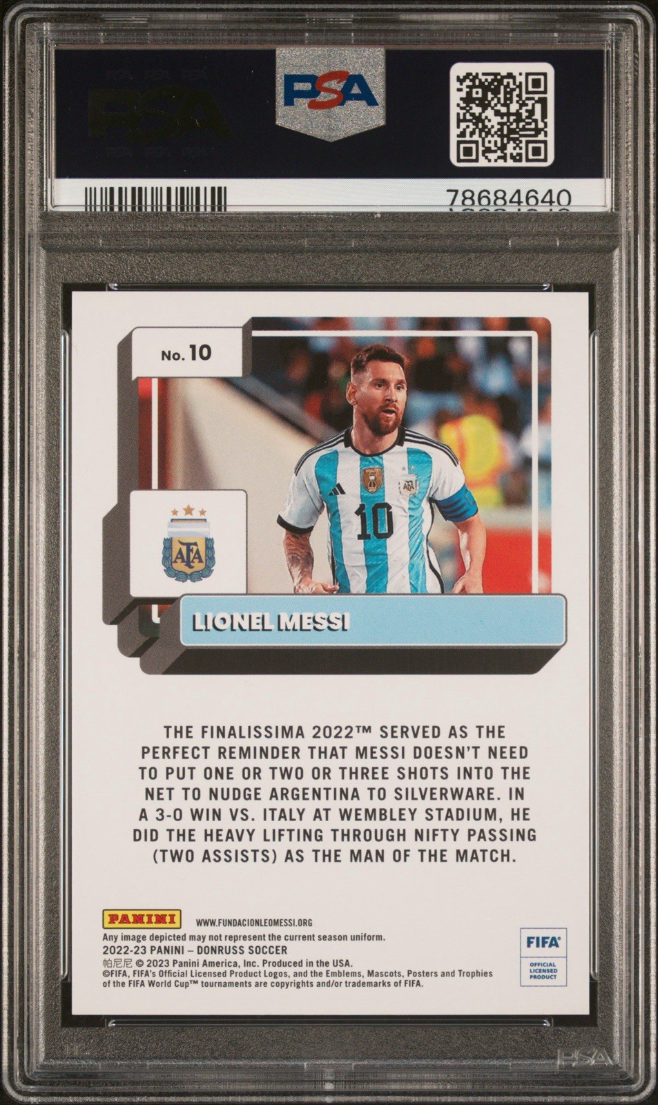 Panini 2022-23 Donruss FIFA Lionel Messi Blue #10 /49 PSA 10 view 2