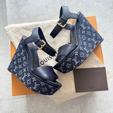 LOUIS VUITTON Logo LV Monogram Denim Wedge sole Sandals Mules Women 36 Navy