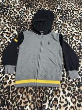 U.S. Polo Assn. Boys Full Zip Fleece Hoodie Gray Black Yellow Logo Number 3