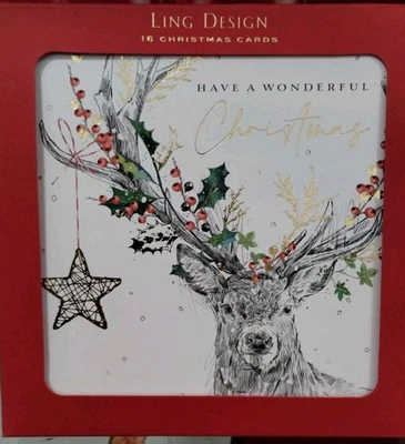 Ling Design LUXURY CHRISTMAS CARDS DEER STAG decorated Antlers Holly NEW set 16