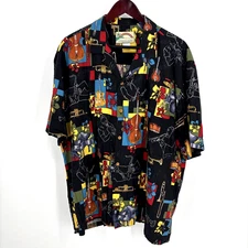 Vintage Paradise Found Hawaiian Shirt Mens XL Jazz Music Rayon Button Up Black