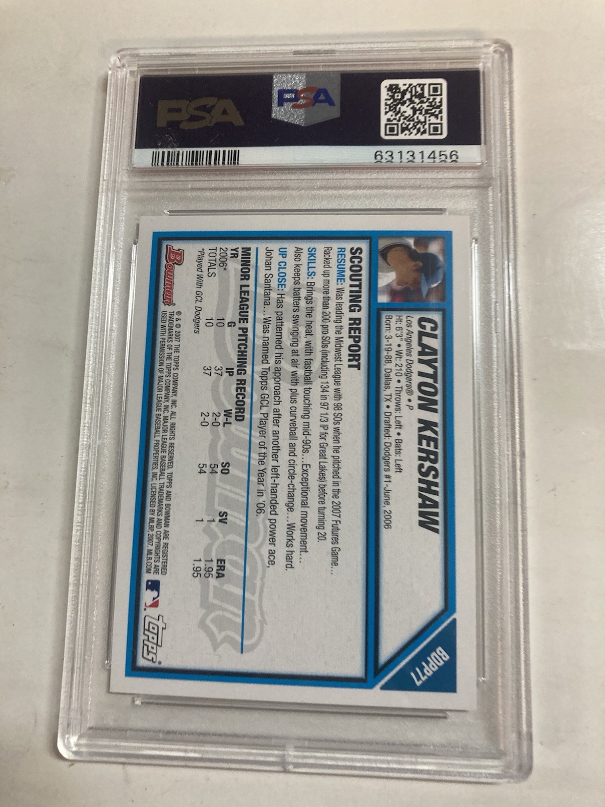 Psa 10 2007 Bowman Clayton Kershaw Draft Picks & Prospects Rc Rookie *JJSTOYZ* view 2