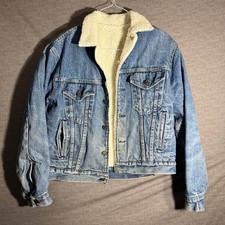 Vintage 80s Sherpa Lined Denim Jean Trucker Jacket Vtg USA Western Med  22 Chest