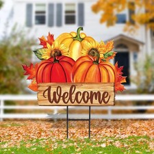 Fall Outdoor Decor Autumn Pumpkin Yard Sign Seasonal Welcome Metal Garden