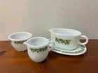 VTG 1970s PYREX Spring Blossom Green Daisies Gravy Boat W/Plate + 2 other pieces