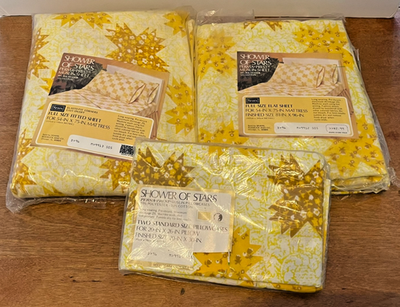 #ad Vintage Sears Shower of Stars Perma Prest Muslin Full Sheet Set Yellow Floral $69.02