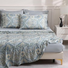Green Paisley King Size Bed Sheet Set 6 Piece Deep Pocket Grey Fitted Sheet C...