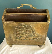 Vintage Brass Magazine Rack with Embossed Tall Ship