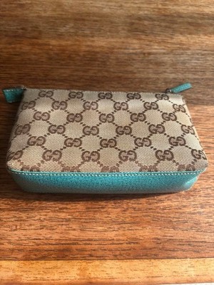GUCCI GG Canvas Beige Turquoise Makeup Pouch Small Accessory Case Italy