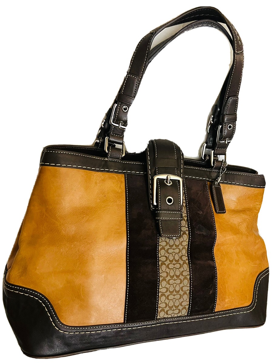 STRIPE COACH HAMPTON SATCHEL SHOULDER TRAVEL TOTE BAG BROWN SOFT