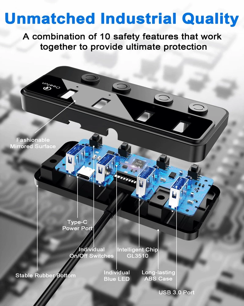Eefun 4-Port USB 3.0 Hub with LED Power Switches & 2ft Extension Cable