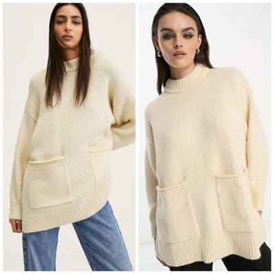 MNG Mango XL Wool Blend Oversized Knit Sweater w/ Pockets Cream Pullover Tunic