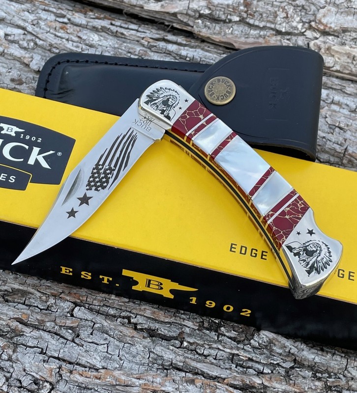 BUCK 110 **B. YELLOWHORSE CUSTOM I. CHIEF PEARL & RED GOLD QUARTZ FOLDING HUNTER