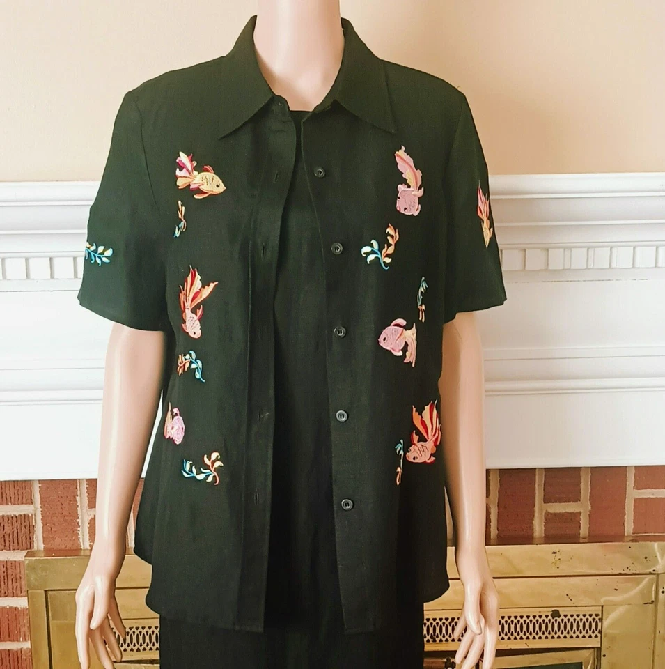 Vestido y Chaqueta Bordados 8 Vintage Peces Tropicales Negro Manga Corta Traje Foto 2 de 4