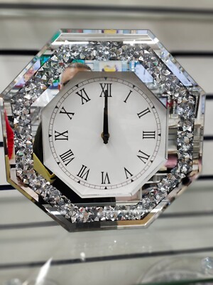 35×35CM WANDUHR AUS GESCHLIFFENEM KRISTALL DIAMANT GEFÜLLT VERSPIEGELT SECHSECKIG