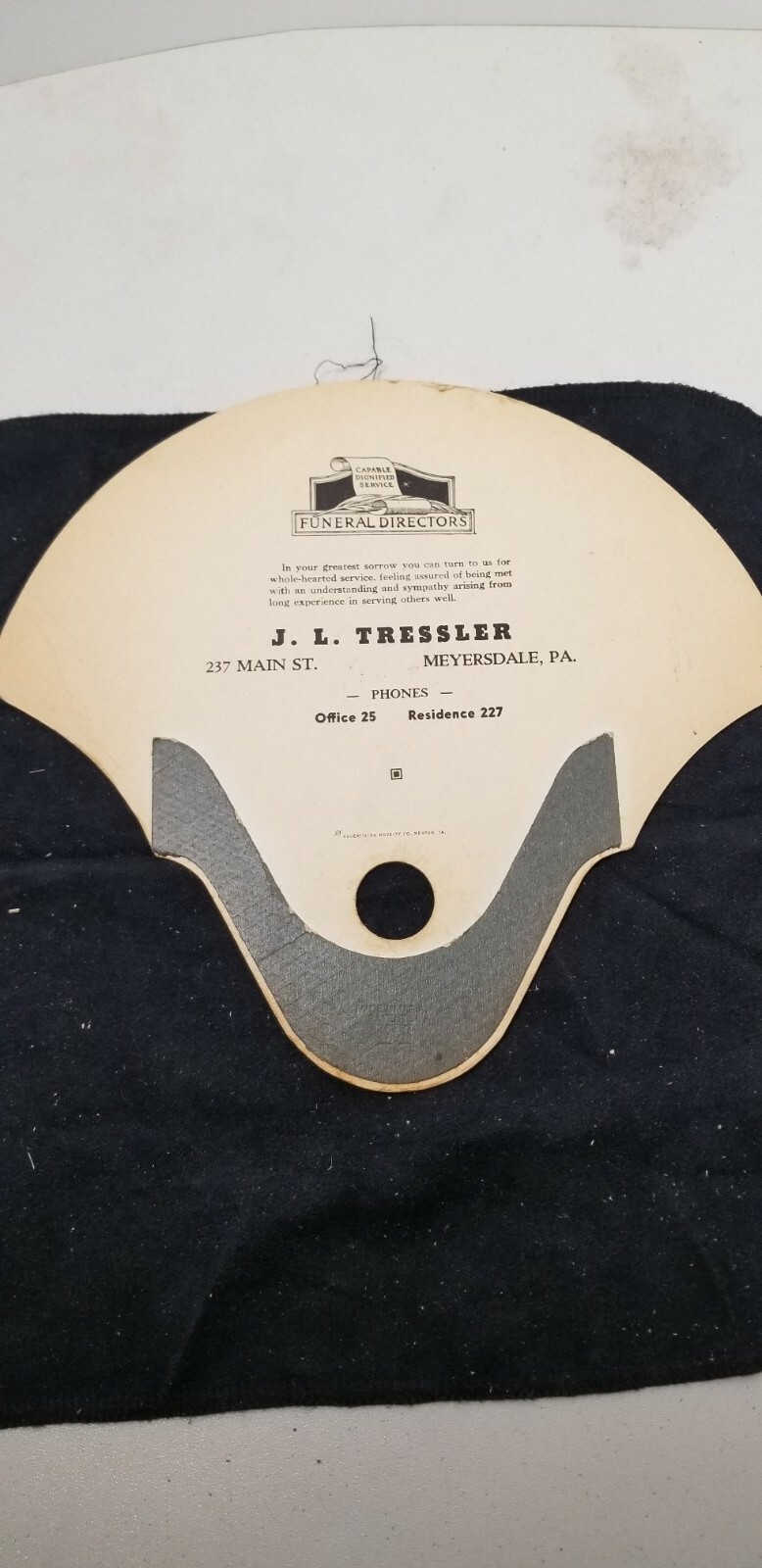 Vintage Carboard Hand Fan J.L Tressler Meyersdale Pa. Funeral Directors