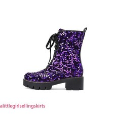 Sequins Ankle Boots Block Heel Platform Round Toe Casual Womens Lace-up Shoes