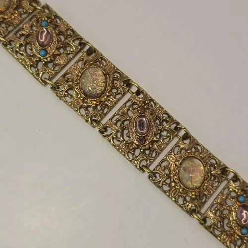 Vintage Gold Toned Faux Opals Faux Turquoise Bracelet Estate Costume Jewelry