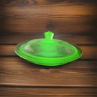 Vintage Uranium Glass Covered Dish Floral Etched Depression Glass Glow With Uv