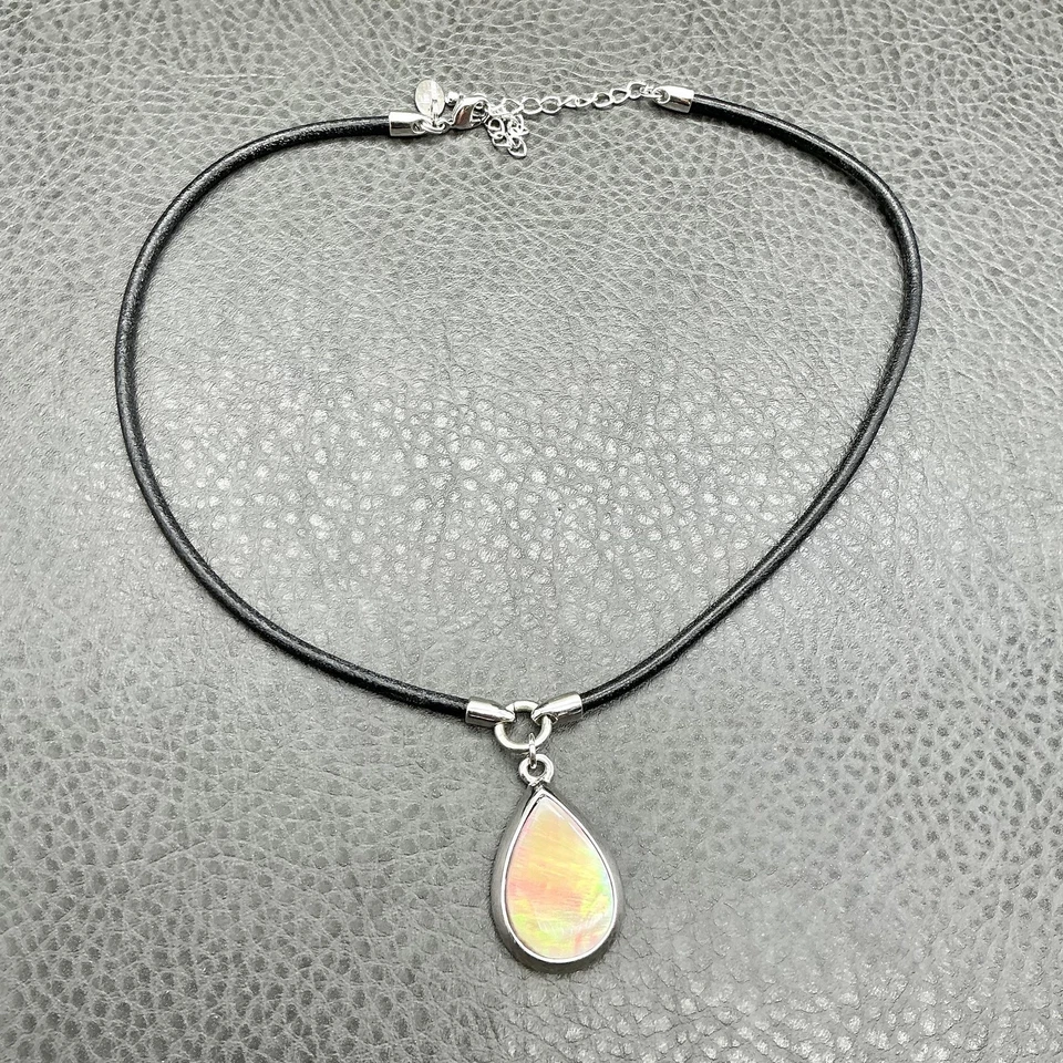 Lia Sophia Teardrop Pendant Necklace Iridescent Abalone Black Cord Silver Tone - Image 2 of 4