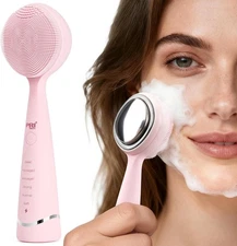 PRITECH Facial Cleansing Brush, Rechargeable Silicone Face Scrubber with Pink 