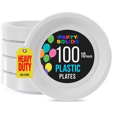 Party Solids White Plastic Plates For Party 10" White Disposable Plates Heavy...