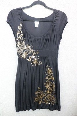 Cache' Black Cap Sleeve Babydoll Dress-Medium-Gold Designs-Soft-Whimsigoth