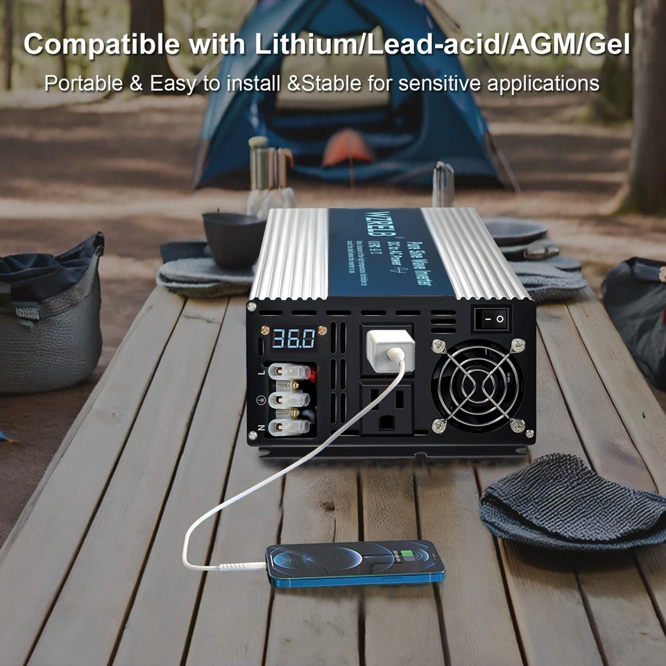 WZRELB 2500W 3000W 36VDCto120VAC Pure Sine Wave Inverter with2 AC outlets RV/Car - Image 3 of 4