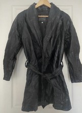 Ladies Patch Leather Coat Vintage 1980s Detachable Faux Fur Collar Belt Size 12