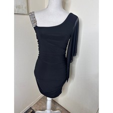 VTG Y2K Deb Black One-Shoulder Ruched Mini Dress -Rhinestone Strap& Sheer Sleeve