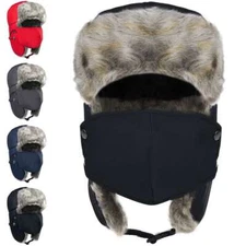 Men Winter Ear Flap thermal Hat Fur Warm Snow Aviator Russian  Ski Cap Face Mask