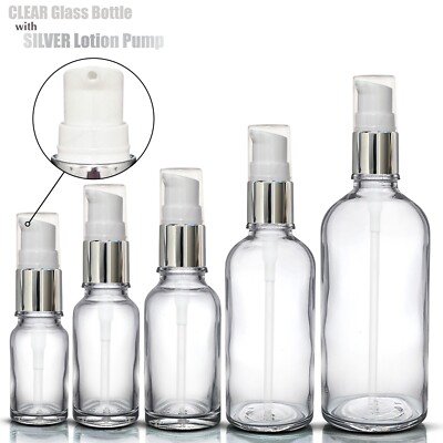 KLARGLASFLASCHE mit SILBER ALUMINIUM LOTIONSPUMPE für Serumcreme Desinfektionsmittel