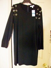 NWT KORS BLACK SILKY STRETCHY GOLD SHOULDER GROMMETS DRESS w/CRISS-CROSS TIES,XL