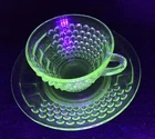 Vtg Green Depression Glass Uranium Cup & Saucer RARE HOBNAIL American Pioneer