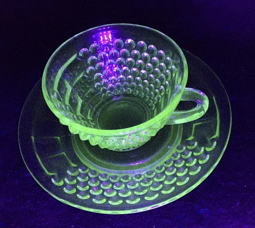 Vtg Green Depression Glass Uranium Cup & Saucer RARE HOBNAIL American Pioneer