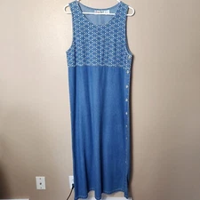 Jerico Sport VTG Embroidered Eyelet Denim Pinafore Overall Maxi Dress-Size M
