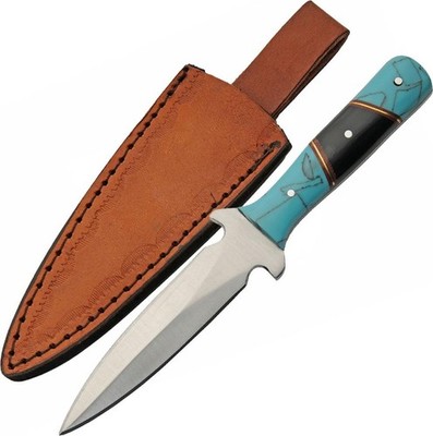 Boot Knife Black/Turquoise Dagger Double-Edge 4in. Blade Full Tang + Sheath